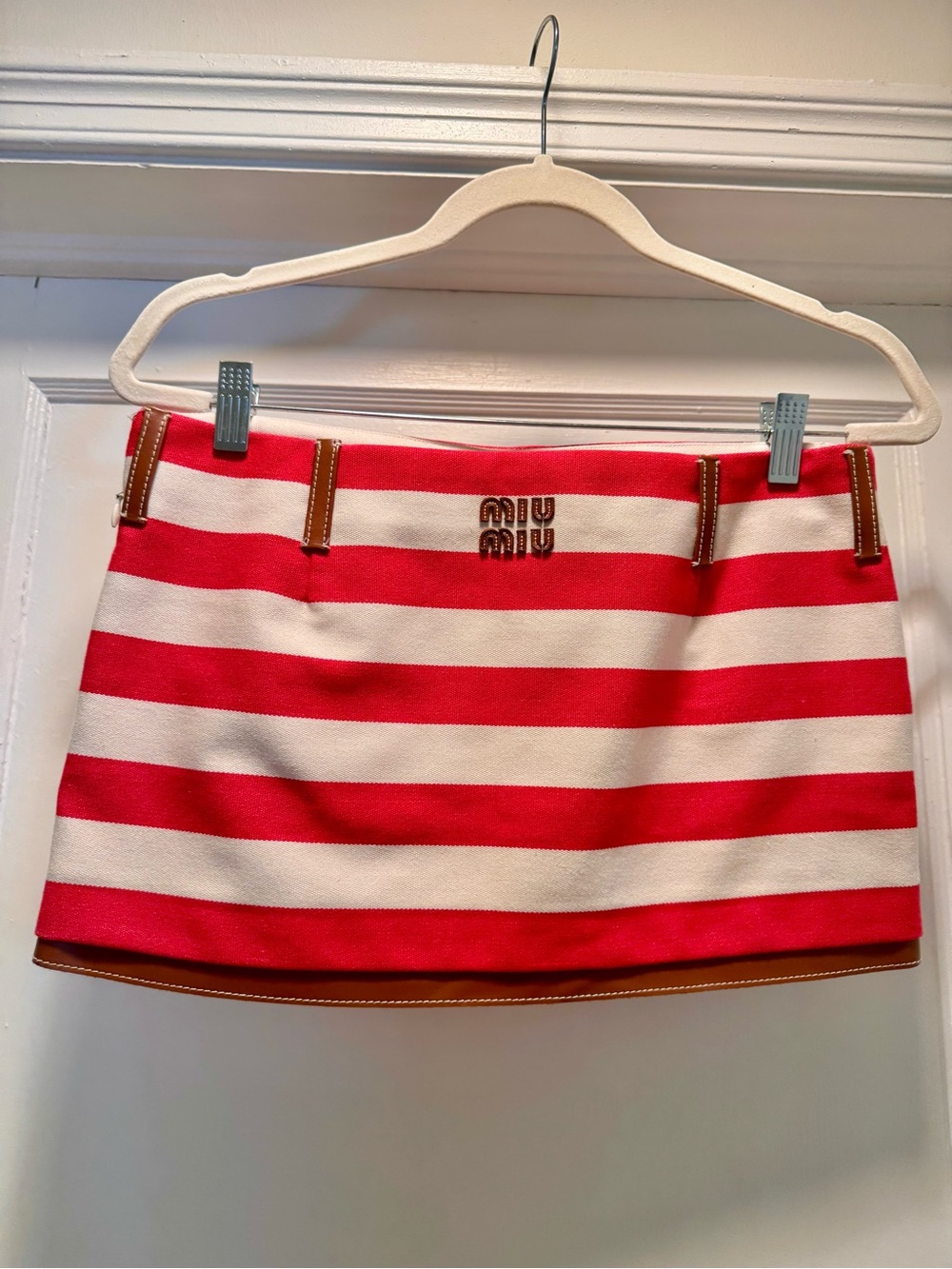 Miu Miu Pink and White Striped Leather-Trim Mini Skirt SZ 38